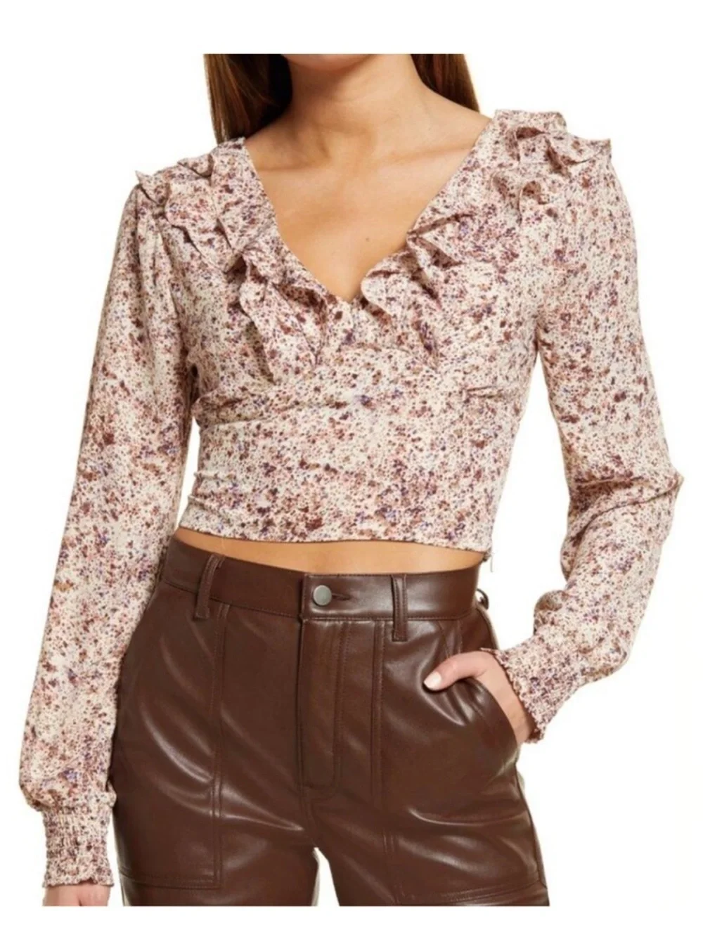Open Edit Women's ivory multi Flower fields Ruffle V-Neck Blouse crop smocked L